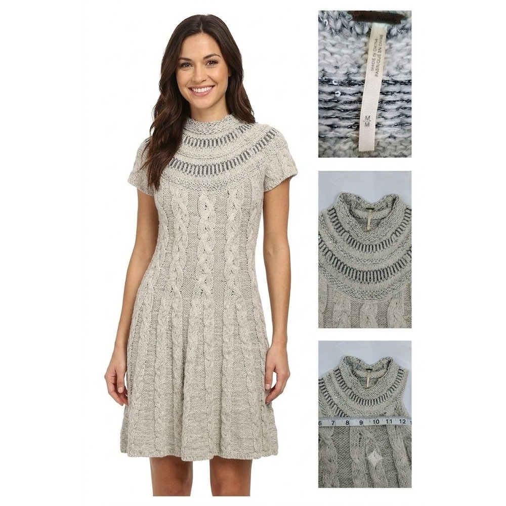 Free People M Wool Alpaca Blend Cable Knit Sweater Mini Dress‎ Short Sleeve Boho